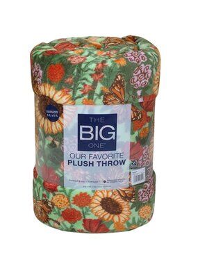 The Big One Oversized Plush Throw Blanket 5x6' Sunflower & Butterfly Print Green